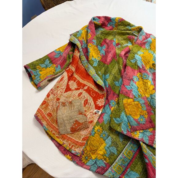 Kantha Patchwork Kimono Jacket Reversible Colorful Boho Patch Pockets O/S - Picture 4 of 16